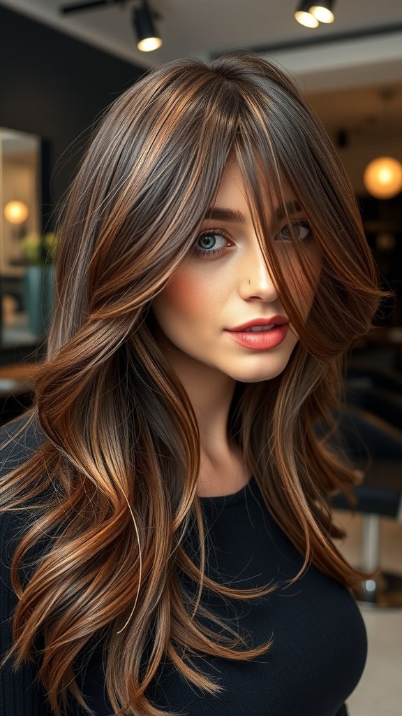 A woman with mocha brown hair featuring toffee highlights, styled in soft waves.