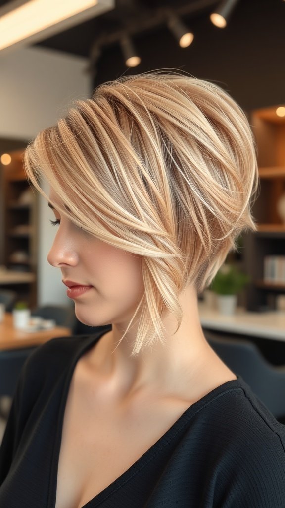 A woman with a peach melba textured pixie hairstyle, showcasing soft layers and warm tones.