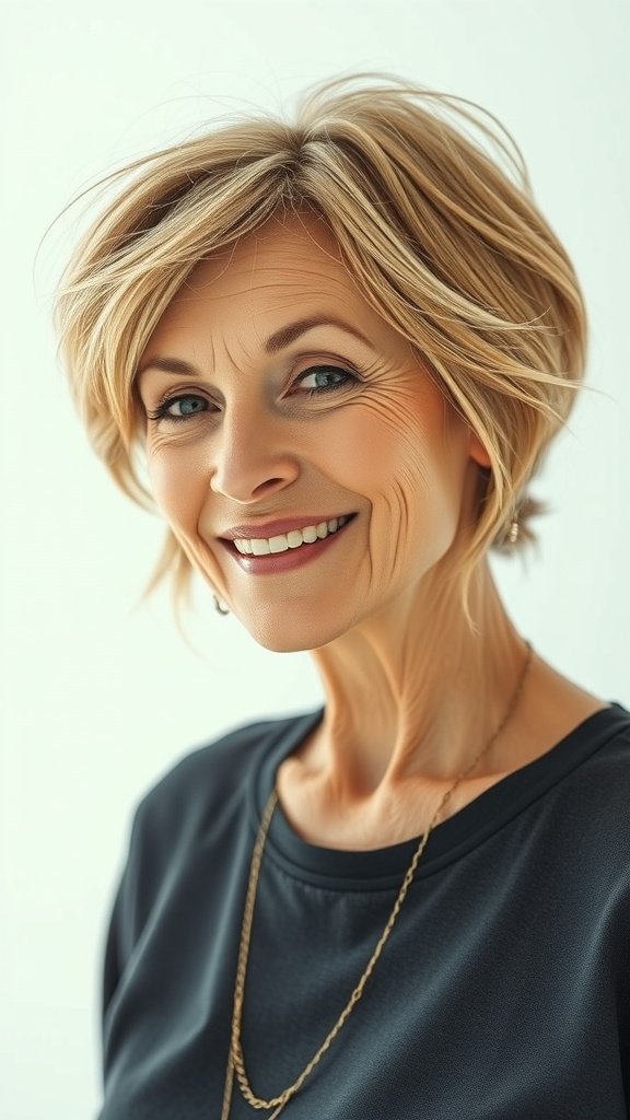 A smiling older woman with a Pixie Bob hairstyle and long side bangs, wearing a black top and a delicate necklace.