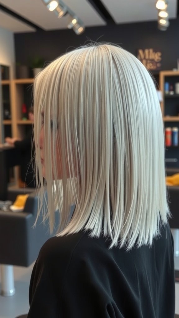 A stylish platinum lob haircut with peek-a-boo colors, showcasing a modern bob cut.