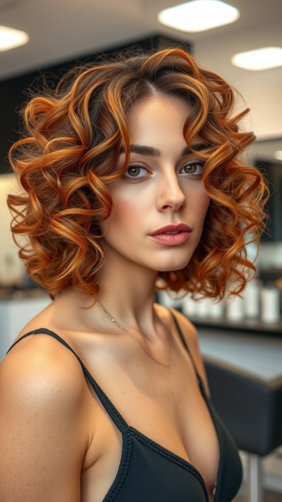 A woman with a razor cut curly bob hairstyle, featuring defined curls and warm hair tones.