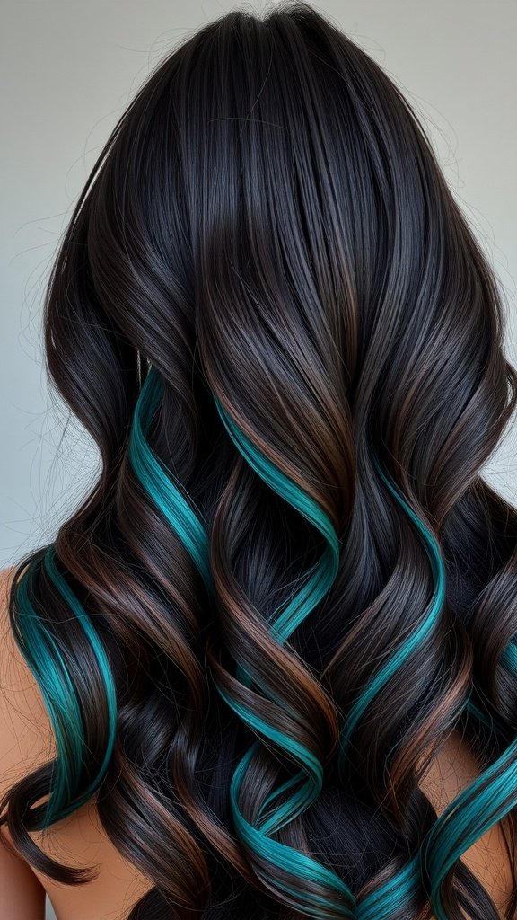A hairstyle featuring rich dark brown hair with teal accents, styled in loose waves.