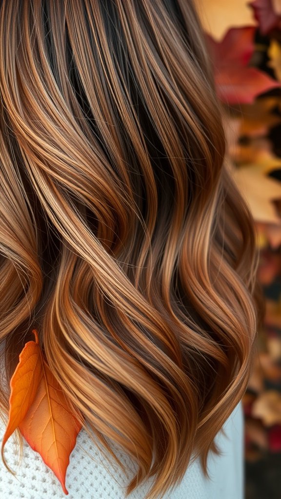 A close-up of wavy light brown hair with rustic auburn highlights, featuring a vibrant autumn leaf.