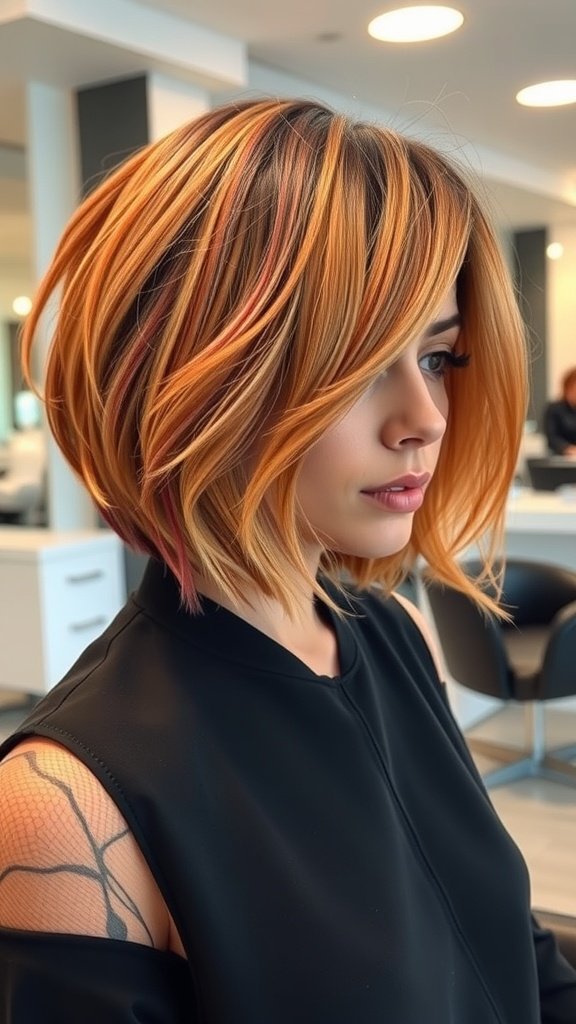 A woman with a short bob hairstyle featuring choppy ends and vibrant colors.