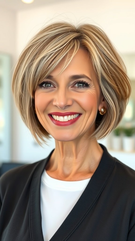 A woman over 50 with a short bob hairstyle featuring graduated layers, smiling confidently.