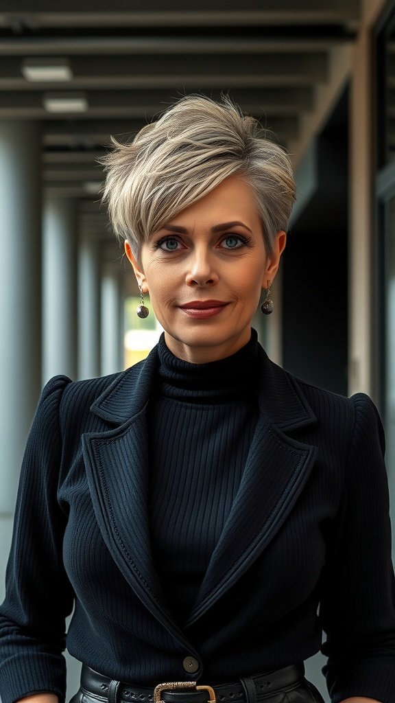 A woman with a short edgy pixie cut, wearing a fitted black turtleneck and blazer, standing confidently.