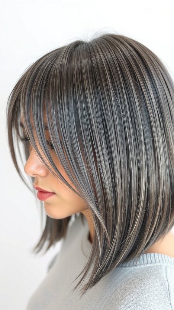 A sleek and straight mid-length cut on natural gray hair, showcasing a modern and chic hairstyle.