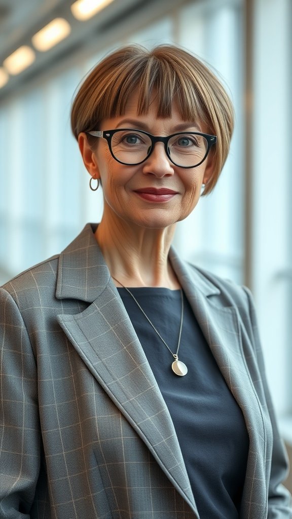 A woman over 50 with sleek straight hair and blunt ends, wearing glasses and a stylish outfit.