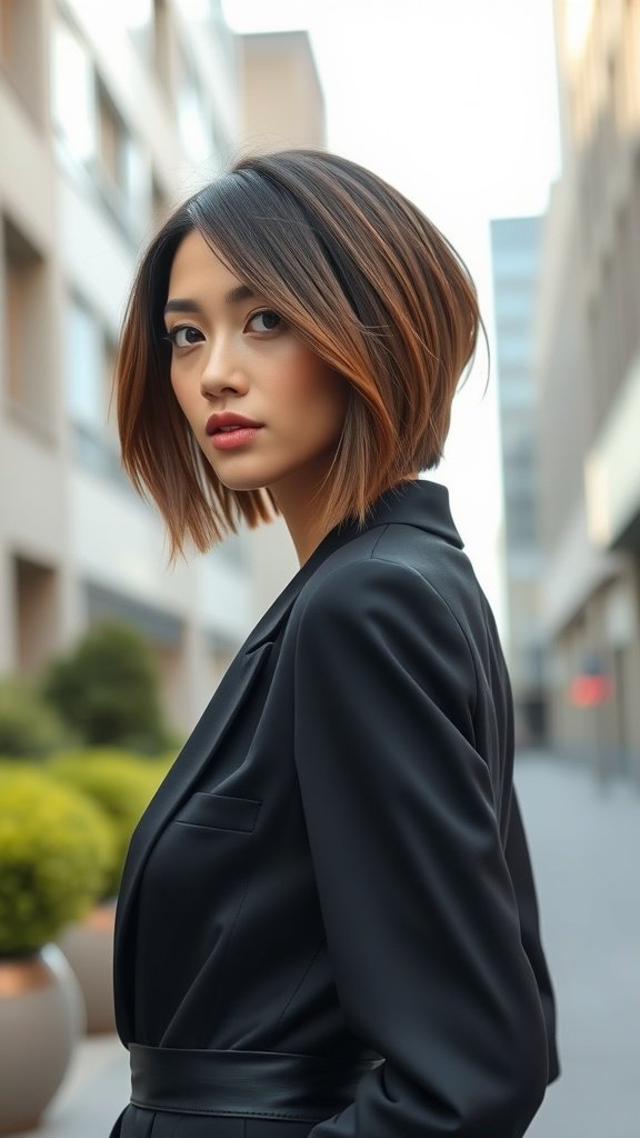 A woman with a sleek angled layered bob hairstyle, wearing a black blazer, standing outdoors.