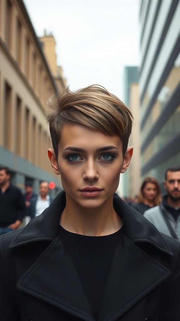 A confident individual with a slicked-back shaggy pixie hairstyle, showcasing a stylish urban background.