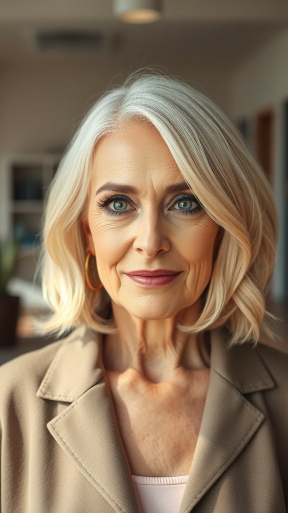 A woman over 70 with a soft blonde bob hairstyle featuring gentle waves, wearing a neutral-colored blazer.