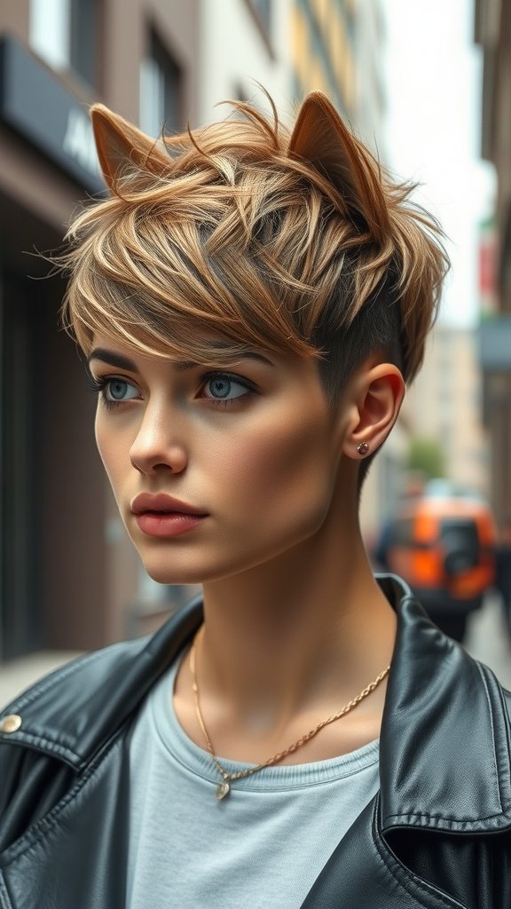 A model with a soft blunt wolf cut hairstyle, wearing a leather jacket, showcasing a trendy and modern look.