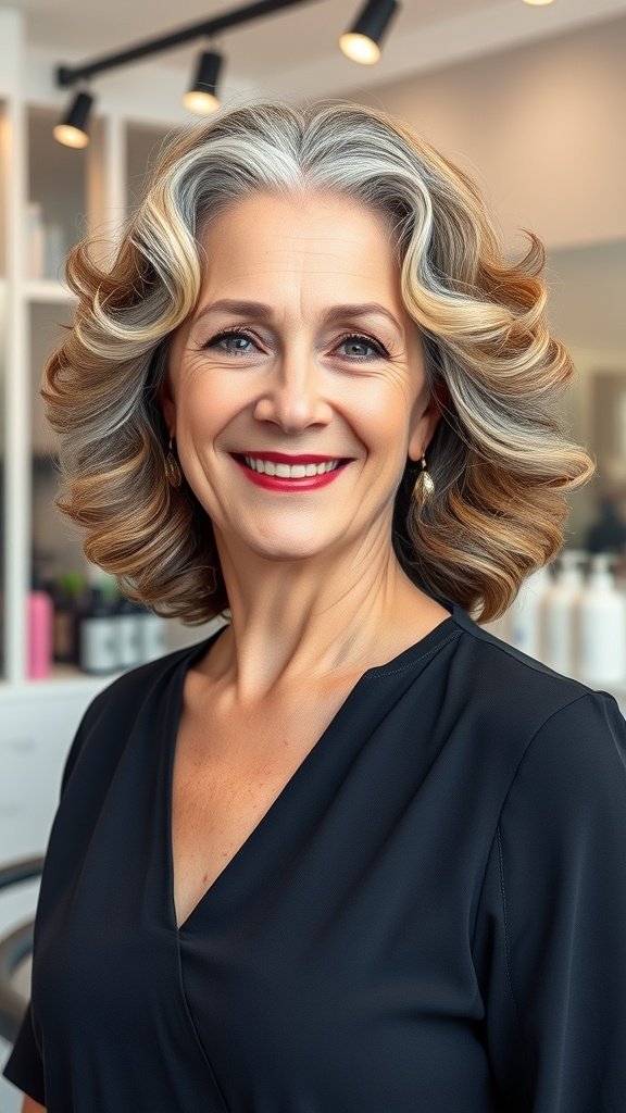 A woman with medium-length hair styled in soft curls, smiling confidently.
