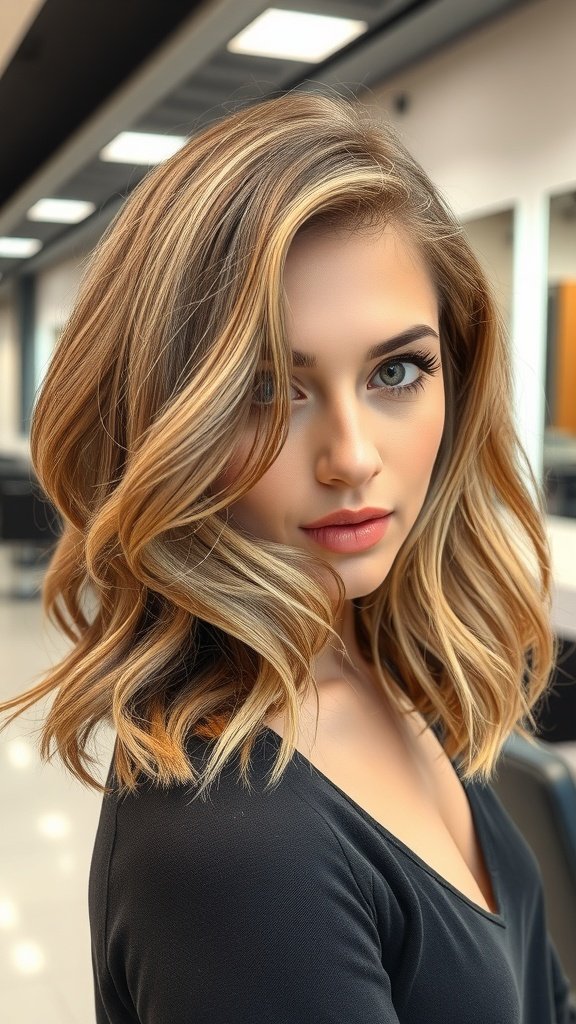 A woman with a soft wave bob hairstyle and a middle part, showcasing a stylish and elegant look.