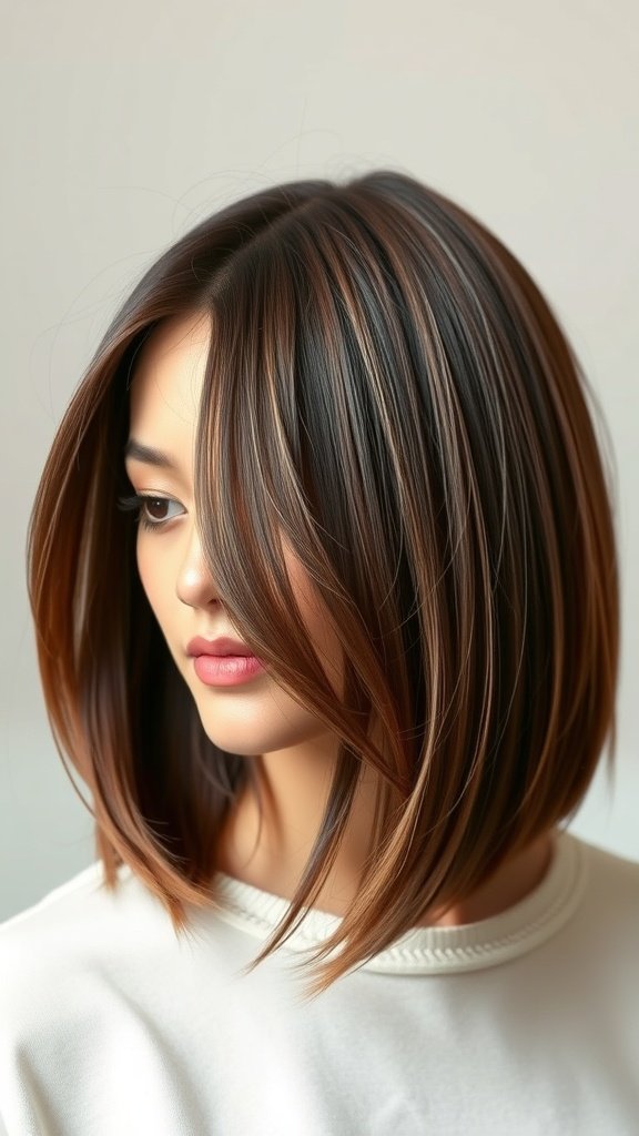 A woman with a straight cut lob hairstyle featuring blended layers and subtle highlights.