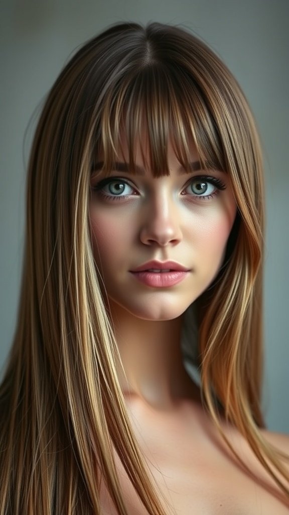 A woman with long, straight hair and layered ends, showcasing a feminine hairstyle.