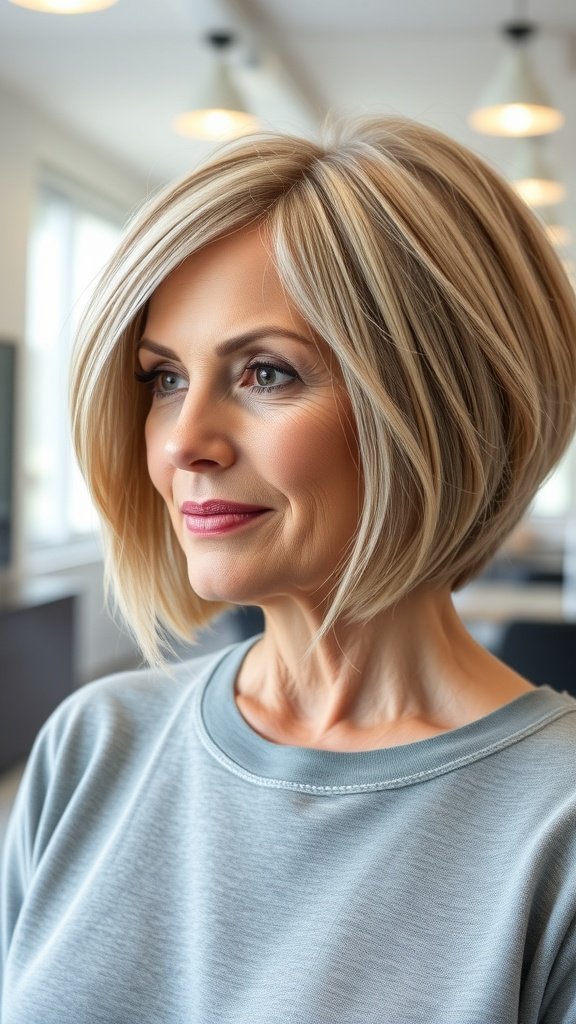 A woman with a modern bowl cut hairstyle, showcasing a sleek and polished look.