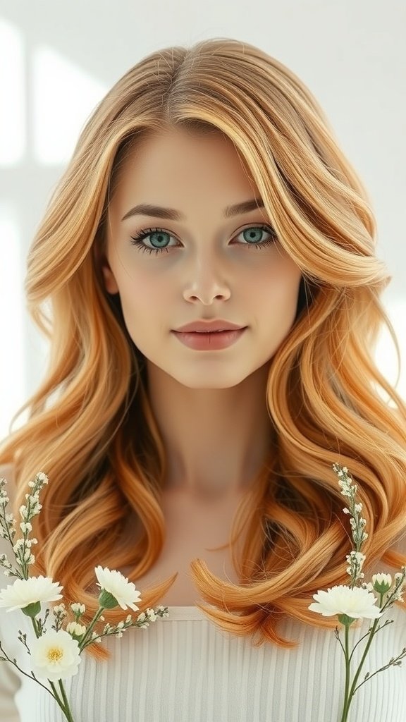 A woman with shoulder-length strawberry blonde hair styled in soft waves, holding white flowers.