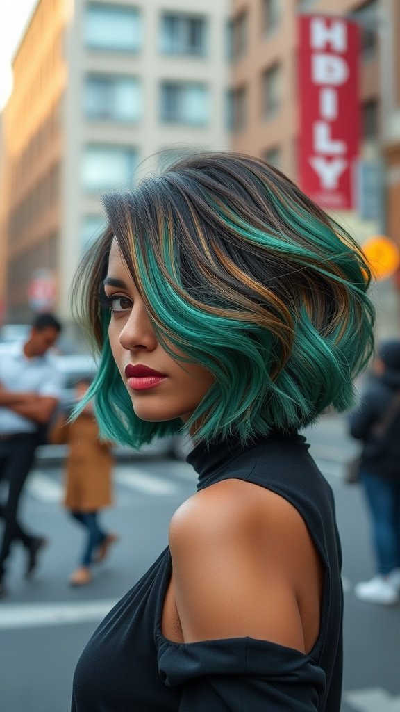 A woman with a tapered bubble bob hairstyle featuring teal highlights, standing in an urban setting.