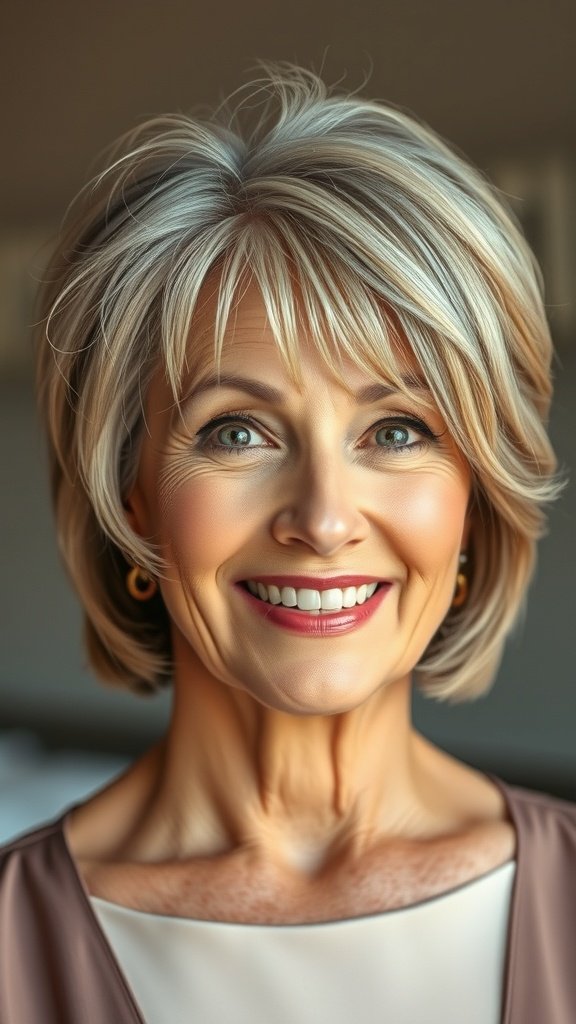 A woman over 60 with a textured bob hairstyle and wispy side bangs, smiling confidently.
