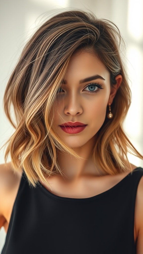 A woman with a textured lob hairstyle, featuring subtle layers and a stylish look.