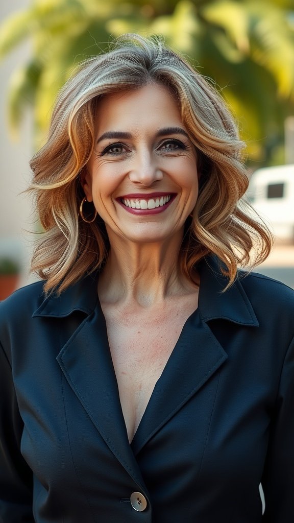 A woman with tousled waves and a root shadow hairstyle, smiling confidently.