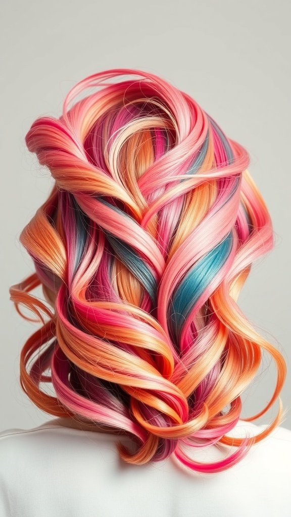 A hairstyle featuring vibrant swirls of pink, orange, and teal colors, resembling a coral reef.