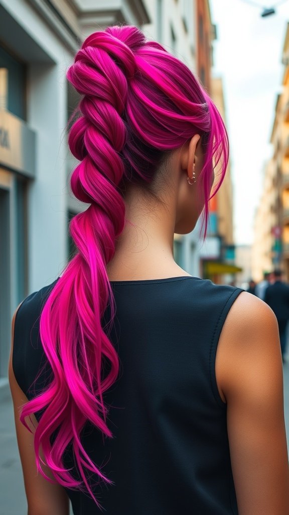 A woman with a vivid fuchsia ponytail, showcasing a stylish braid and vibrant hair color.