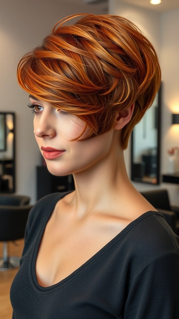 A woman with a warm auburn pixie bowl haircut, showcasing a stylish and modern look.