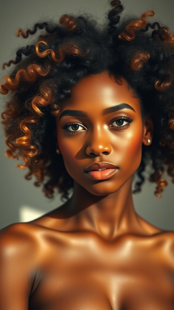 A woman with a natural afro hairstyle featuring warm caramel balayage highlights.