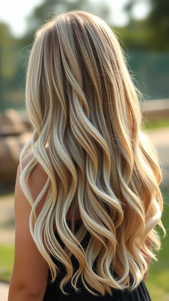 Long hair styled in waterfall layers with platinum highlights