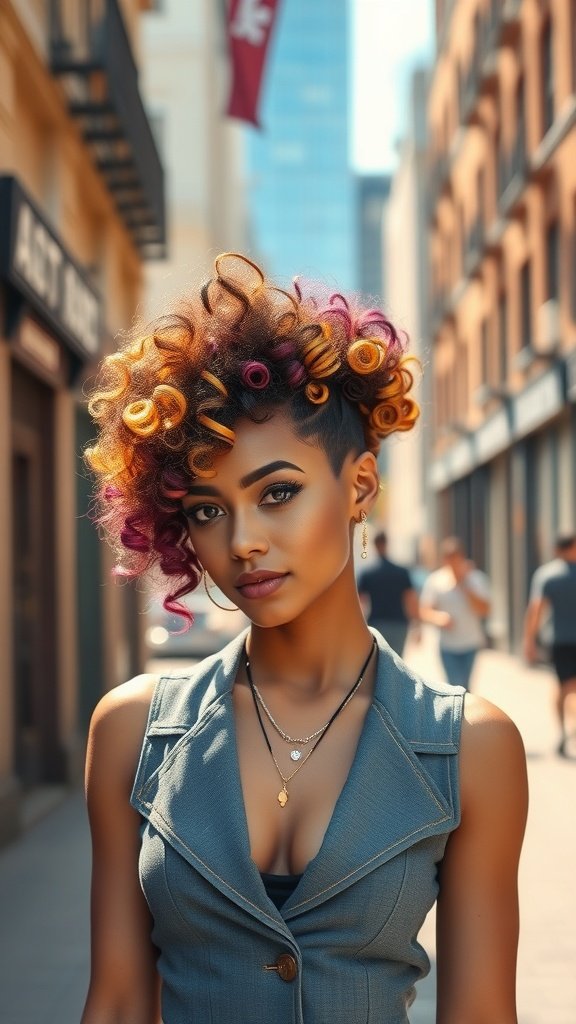 A woman with a whimsical spiral-curl perm on an undercut, showcasing vibrant curls and a stylish outfit.
