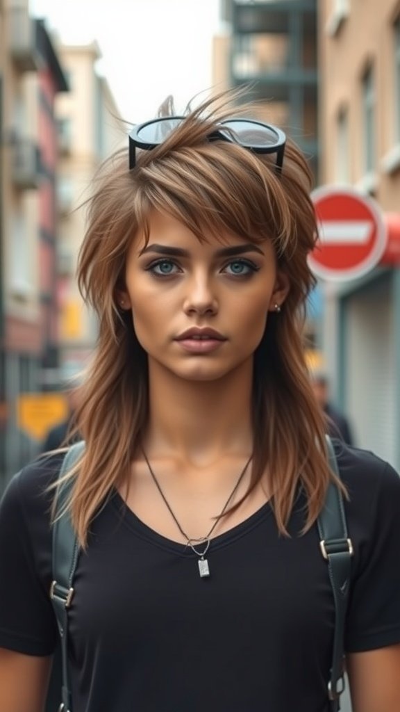 A person with a shaggy mullet hairstyle featuring wispy front layers, wearing a black shirt and sunglasses on their head.