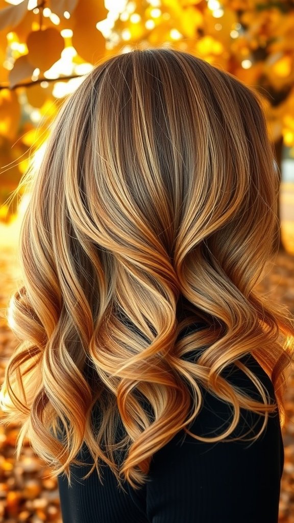 A woman with balayage hair in warm golden and brown tones, styled in soft waves, surrounded by autumn leaves.