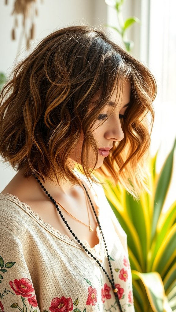 A woman with a boho curly bob hairstyle featuring loose waves, wearing a floral top and standing near a plant.