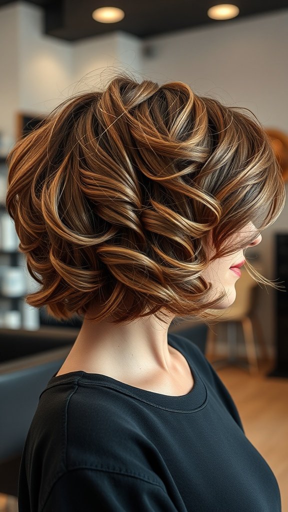 A woman with a bouncy layered bob haircut, showcasing voluminous curls and warm hair tones.