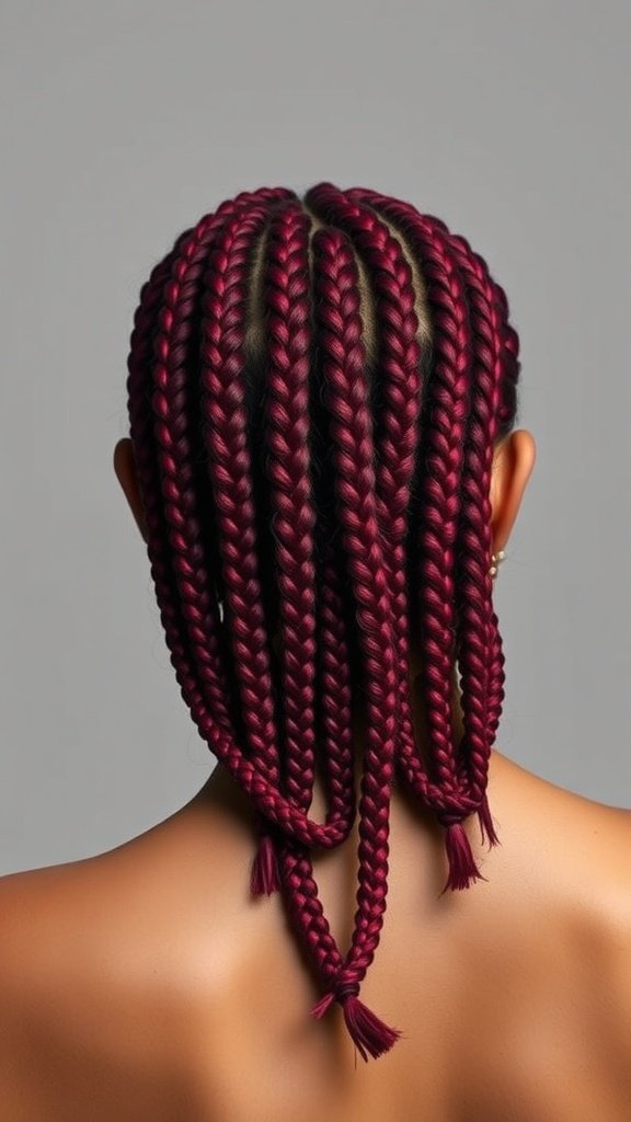 Back view of burgundy red-colored braids styled in multiple sections