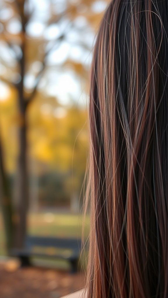 A close-up view of straight hair featuring burgundy ribbon highlights against a blurred outdoor background.