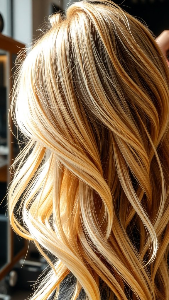 A close-up view of hair with buttery blonde highlights, showcasing a blend of light and darker shades.