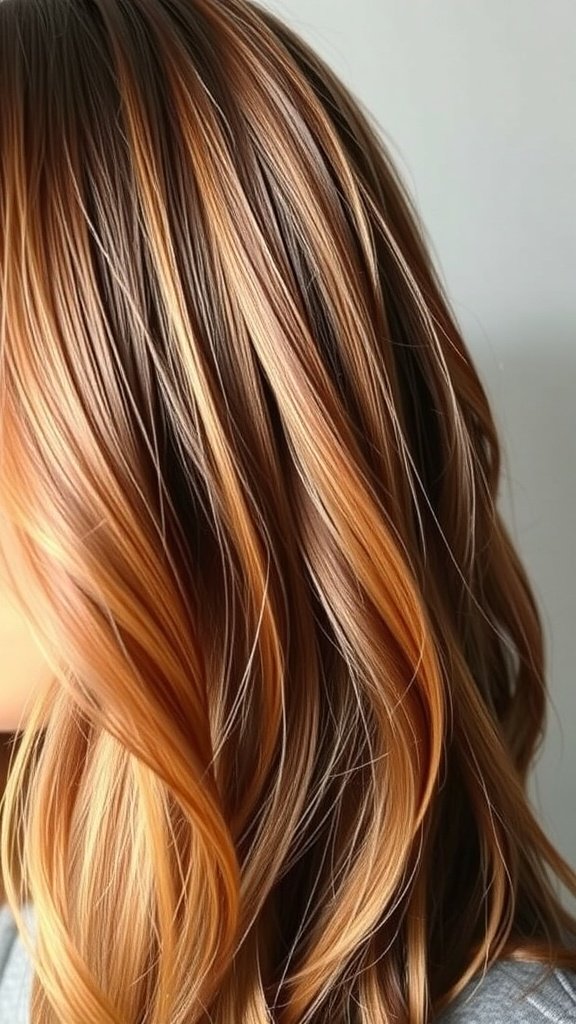 Mid-length brown hair with caramel highlights styled in loose waves