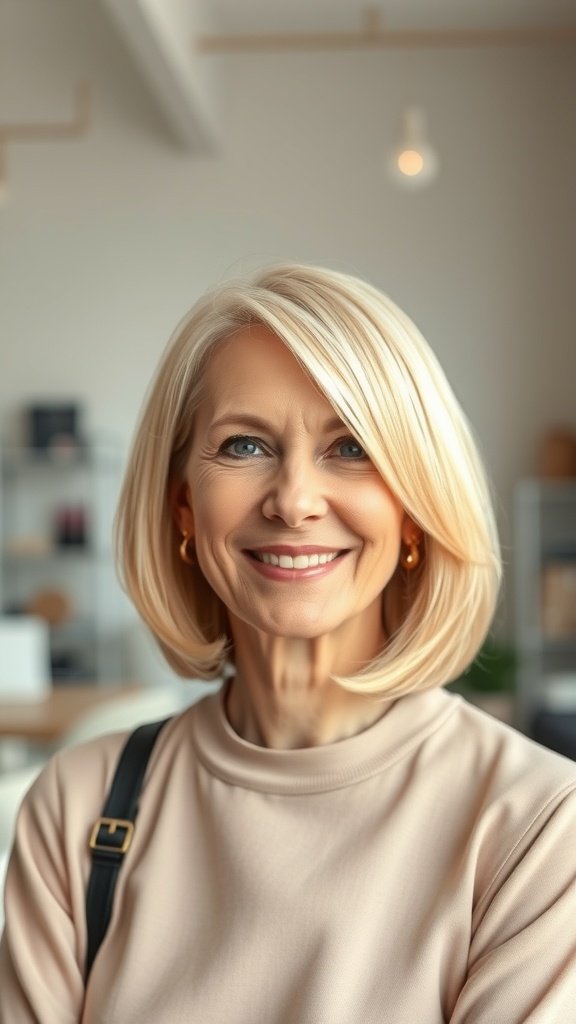 A woman with champagne blonde straight mid-length hair styled with a side part, smiling confidently.