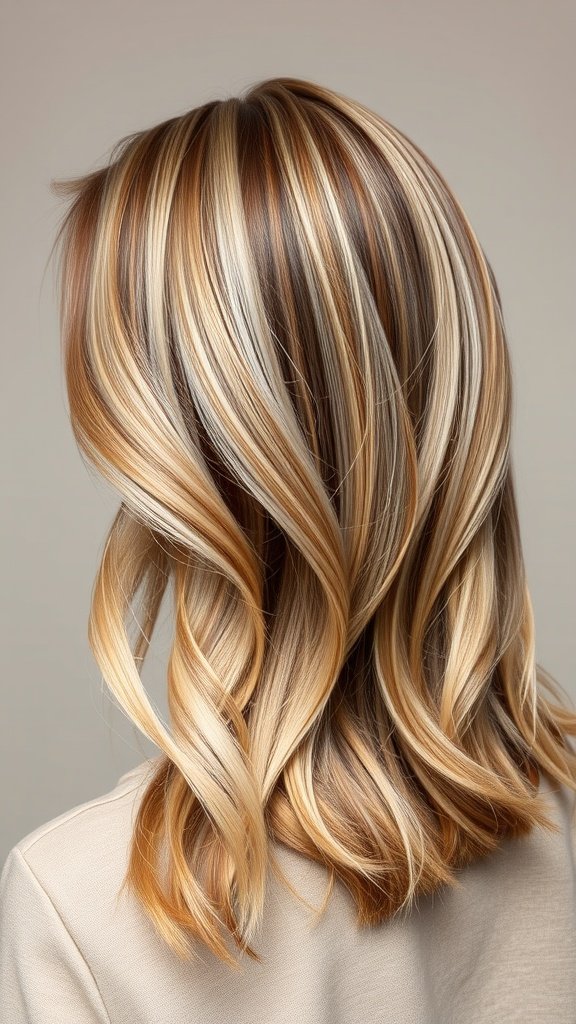 Mid-length light brown hair with champagne shimmer highlights