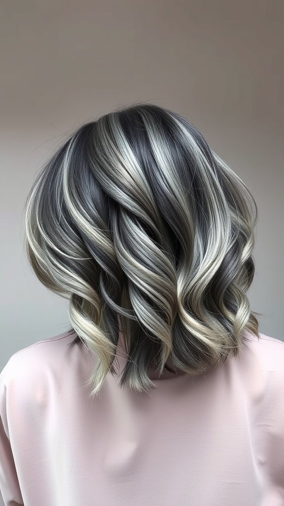 A stylish charcoal to silver gradient bob hairstyle with soft waves.
