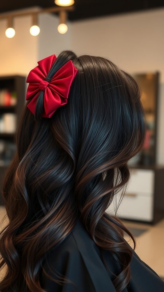 A hairstyle featuring cherry black hair with ruby red money piece highlights, styled with soft waves and a red bow accessory.