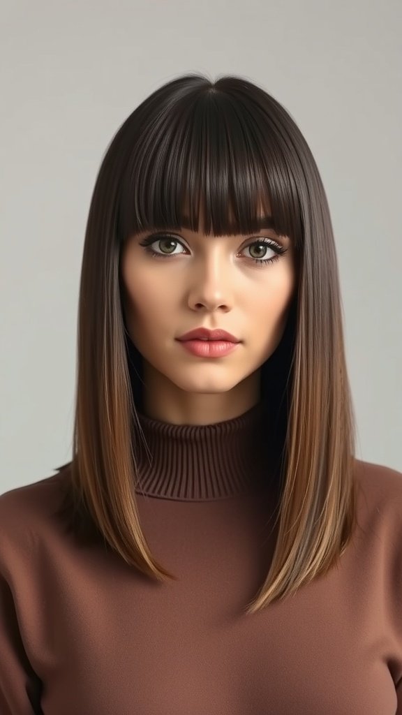 A woman with a chin-length blunt cut hairstyle featuring straight hair and bangs.