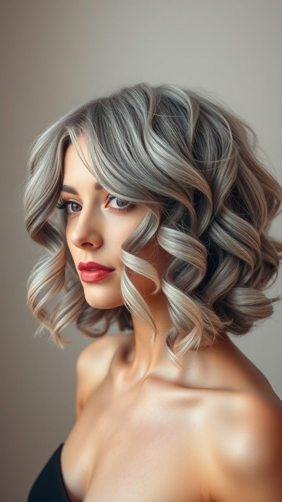 A woman with a chin-length bob hairstyle featuring natural curls and gray hair.