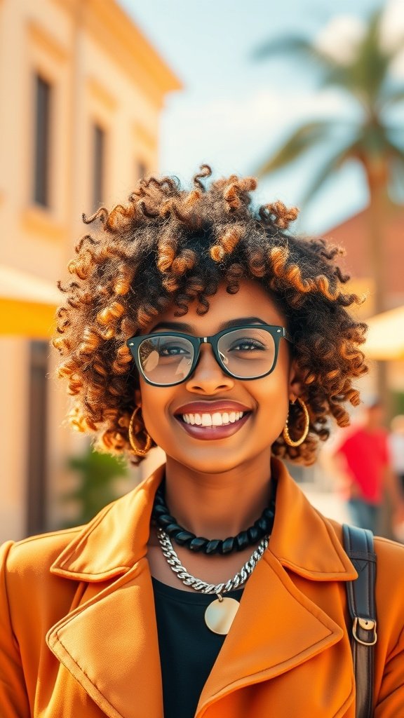 A woman with chin-length kinky coils, wearing glasses and a stylish orange coat, smiling confidently.