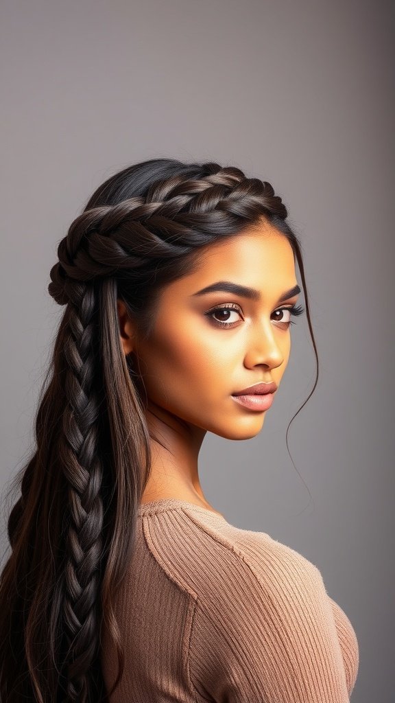 A woman with chocolate brown hair styled in a braided crown, showcasing a beautiful and elegant hairstyle.