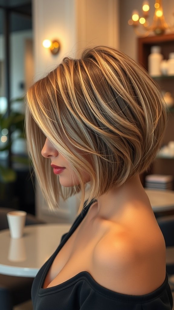 A woman with a choppy bob hairstyle featuring a deep side part and textured waves.