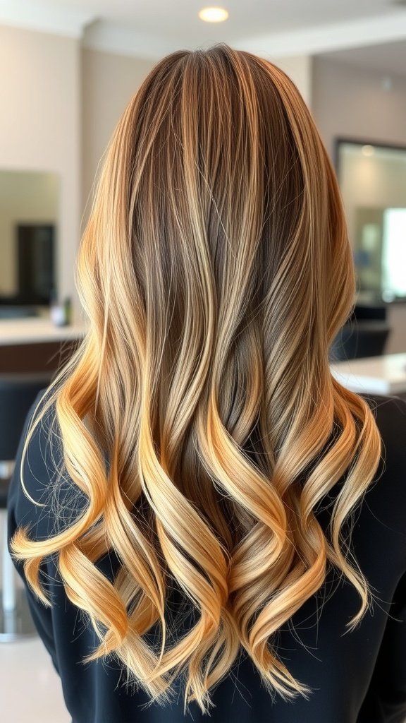A hairstyle featuring a cinnamon-spiced to golden blonde ombre with soft waves.